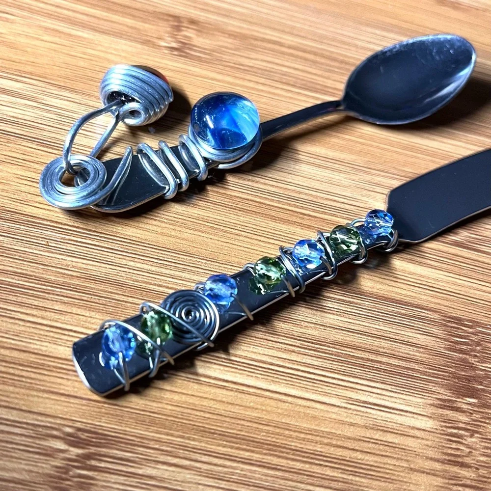Wire & Bead Wrapped Stainless Steel Flatware Condiment Spoon Butter/Spread Knife